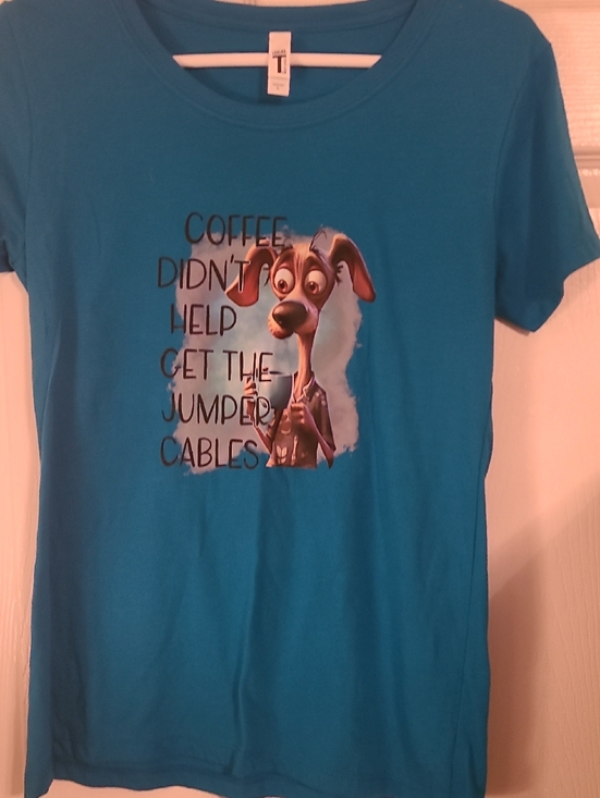 Tops - Blue Graphic Tee with Dog Cartoon and Funny Quote